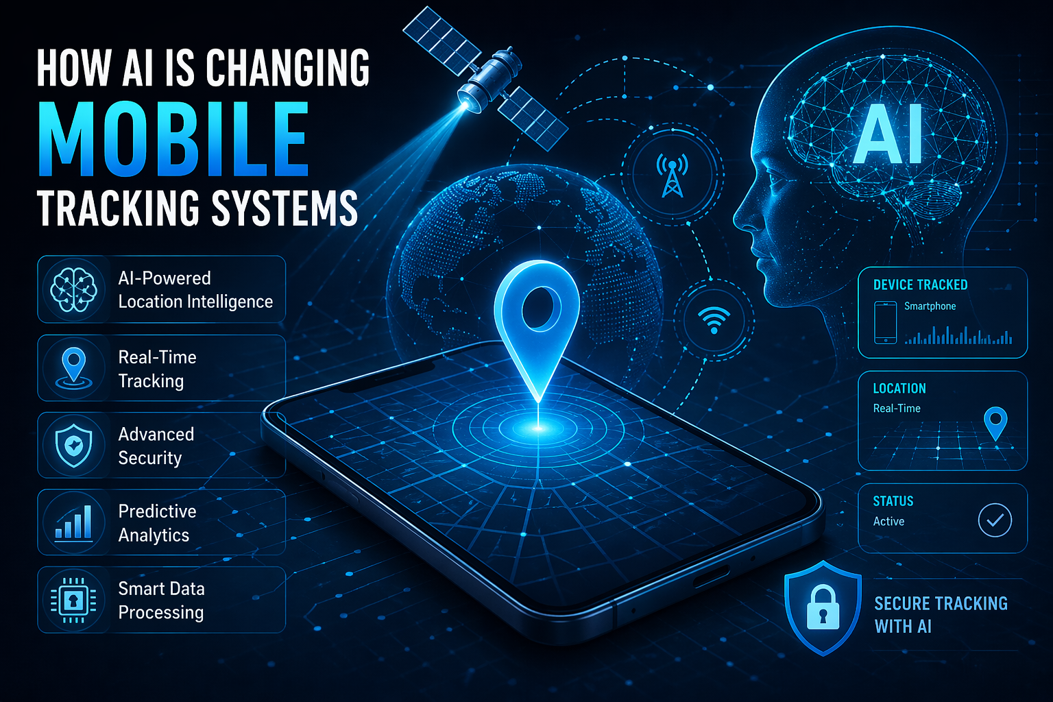 AI mobile tracking system showing real-time location tracking, predictive analytics, and smartphone security with satellite and digital interface