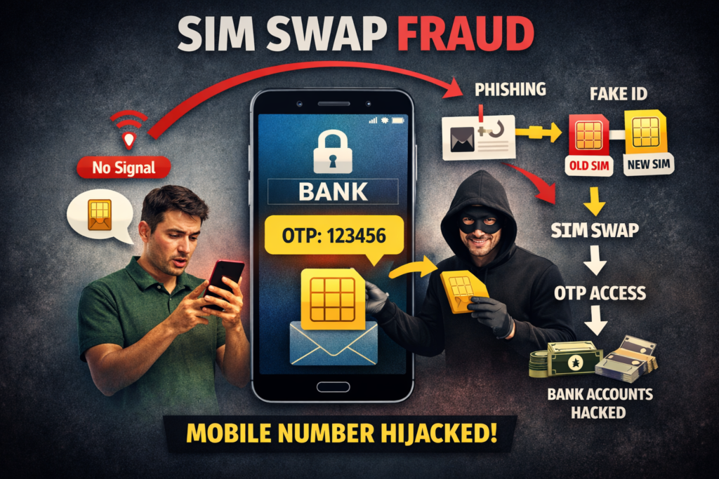SIM swap fraud illustration showing hacker stealing OTP by swapping SIM card and accessing bank account on smartphone
