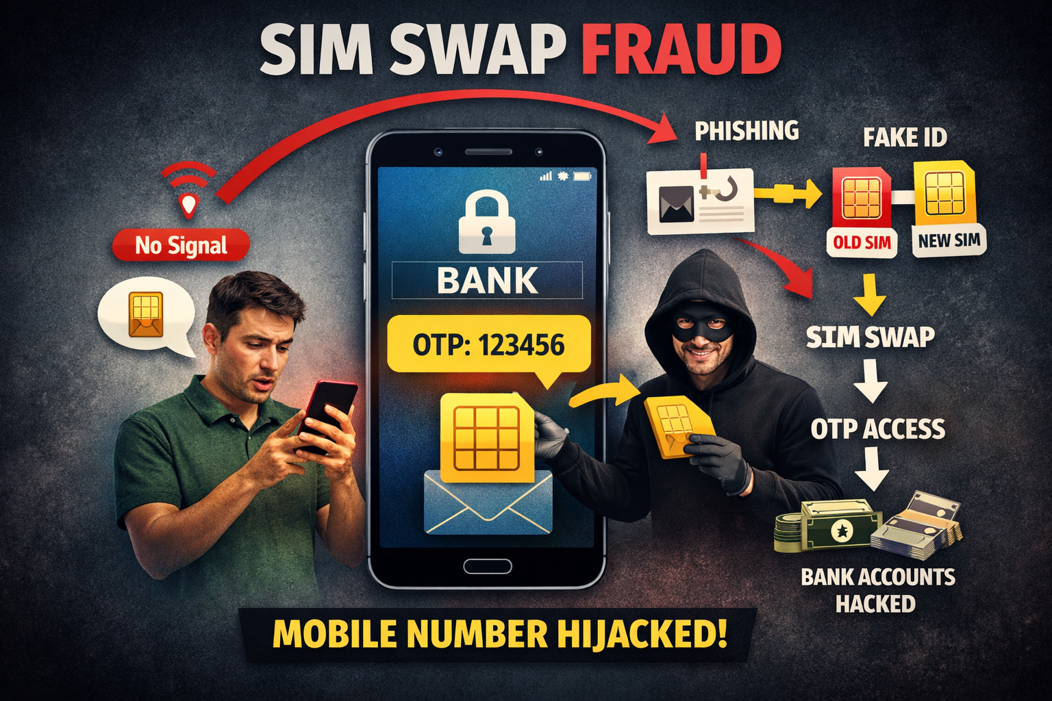 SIM swap fraud illustration showing hacker stealing OTP by swapping SIM card and accessing bank account on smartphone