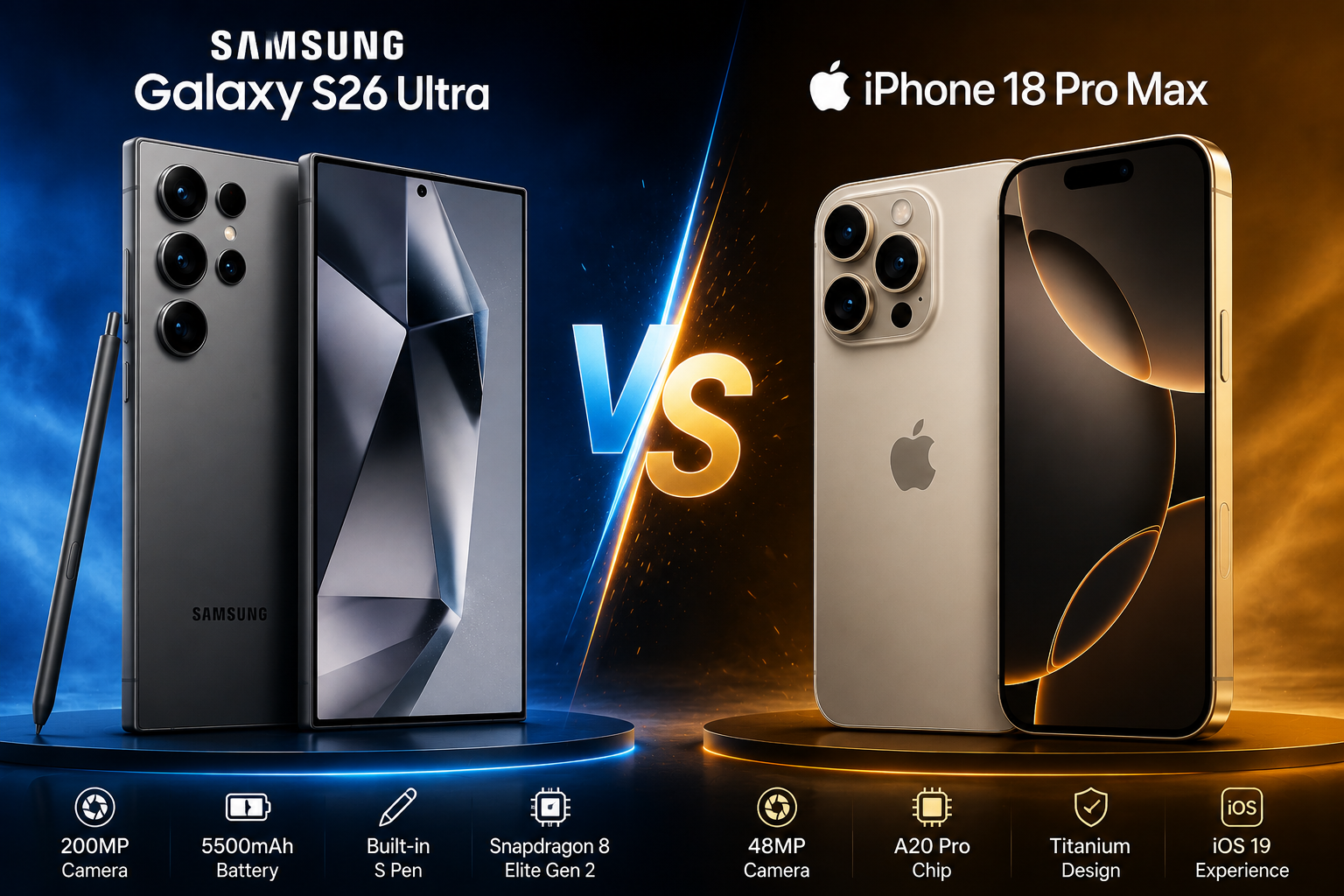 Samsung Galaxy S26 Ultra vs iPhone 18 Pro Max comparison image featuring both flagship smartphones side by side with a glowing VS symbol, highlighting design, camera systems, and premium features.
